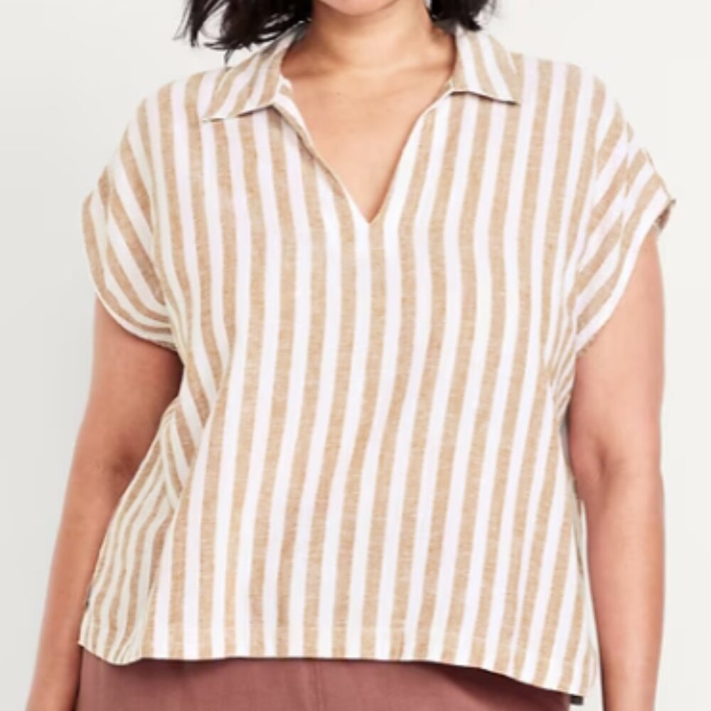 NWT Linen-Blend Cropped Popover Shirt - White/Brown Stripe XL Tall